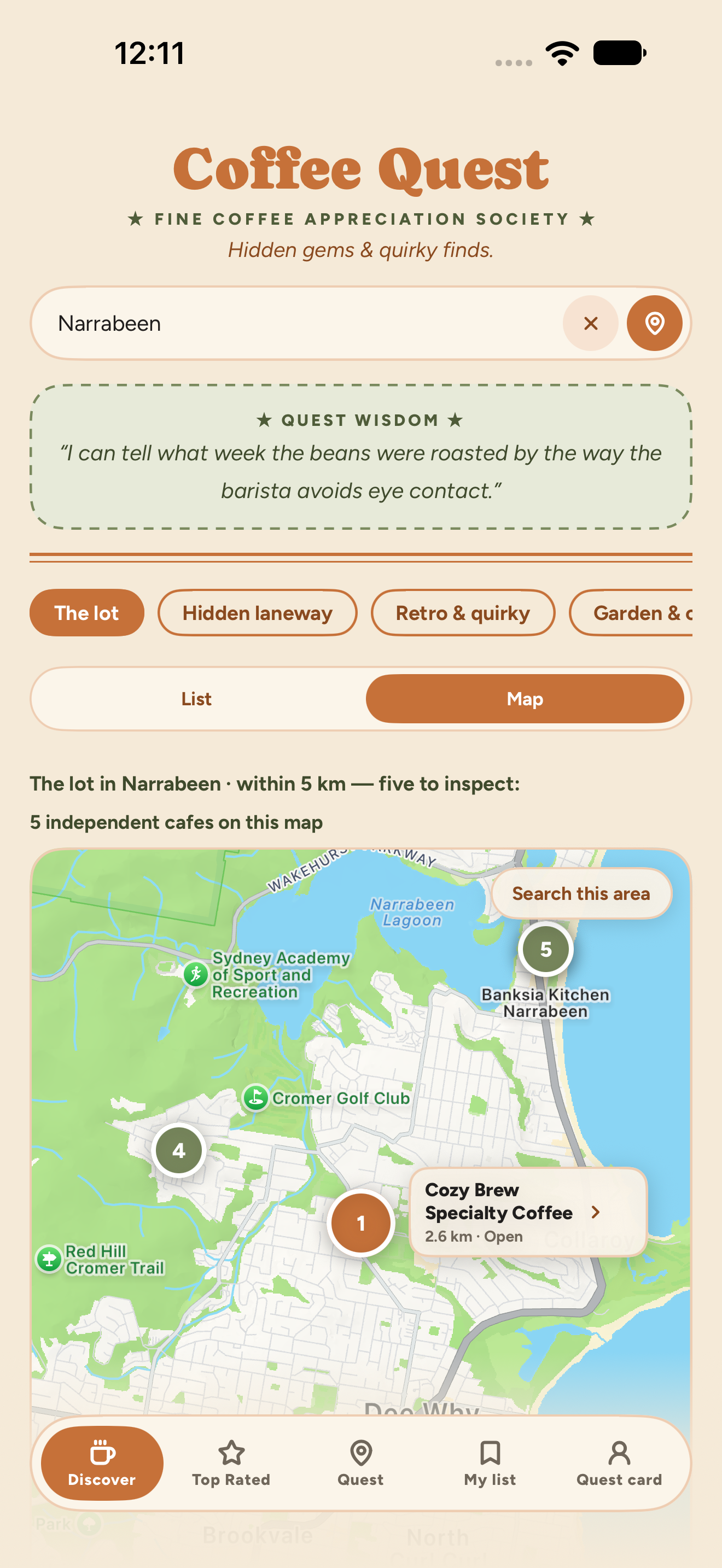 Map of independent cafés around Narrabeen in Coffee Quest